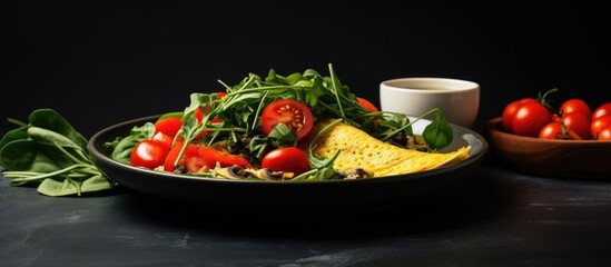 Aufkleber - A healthy vegan breakfast featuring an omelette prepared with tomatoes and greens is shown in a copy space image against a dark background