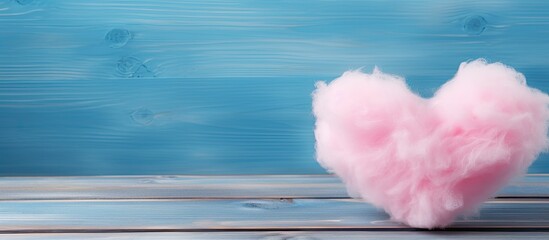 Sticker - A heart shaped cotton candy sits on a blue wooden background leaving space for additional images or text