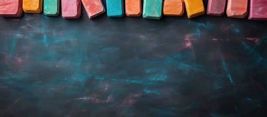Poster - A variety of colored chalks are spread out on a dark marble surface forming a vibrant background with a space for text or other elements. Creative banner. Copyspace image