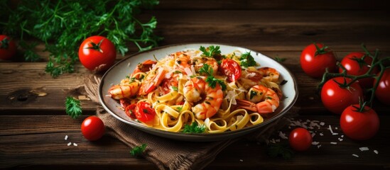 Canvas Print - A copy space image showcasing shrimp tomatoes and herbs atop fettuccine pasta beautifully presented on a wooden background