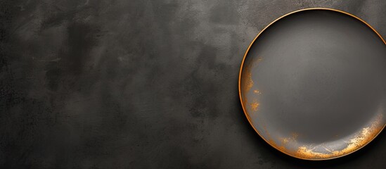Wall Mural - A round ceramic plate sits alone on a dark textured concrete background It s a simple image with cutlery ready for a meal. Creative banner. Copyspace image