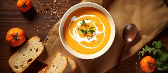 Poster - A top view image of a bowl containing dietary pumpkin cream soup with toast bread providing a free copy space