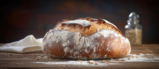 Wall Mural - Homemade bread with flour and grain on a wooden table background providing ample copy space for an image
