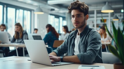 Wall Mural - A young professional sitting at a desk in a bright office space, typing on a laptop and surrounded by colleagues dressed in business casual attire.