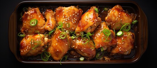 Wall Mural - A top view of sticky Asian chicken legs arranged in a baking dish with ample copy space for visual elements