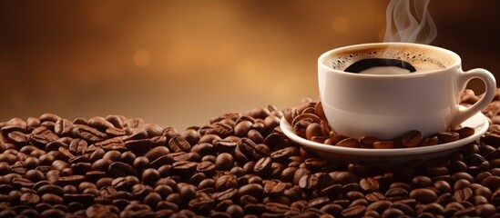 Aufkleber - Coffee cup with a copy space image of coffee beans as the background