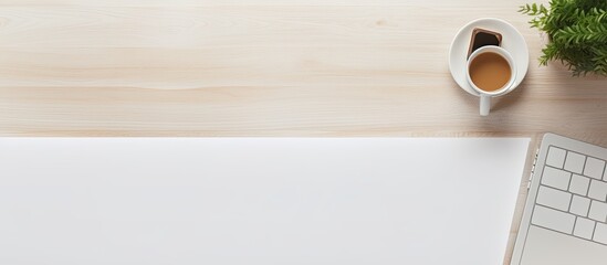 Fototapete - A top down view of a white office desk with a laptop rope and smartphone providing ample copy space for a flat lay image
