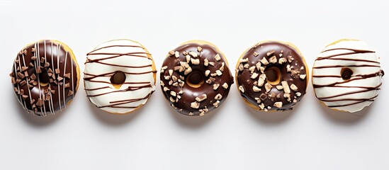 Poster - Copy space image of delicious donuts drizzled with icing and chocolate presented on a white wooden background