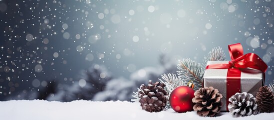 Poster - A festive Christmas background with a white copy space image adorned by a gift box red ball and pine cones
