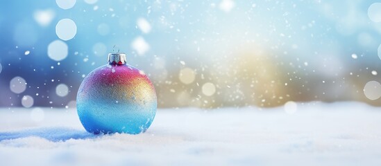 Poster - Close up of a colorful Christmas decoration on snow with ample copy space image