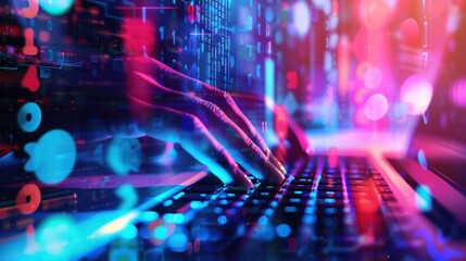 hands typing on computer keyboard, with abstract code, online cyber attack, hack, threats and breaches Network concept, cyber technology