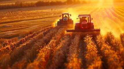 Farmers working together to harvest crops, using specialized machinery to increase efficiency.