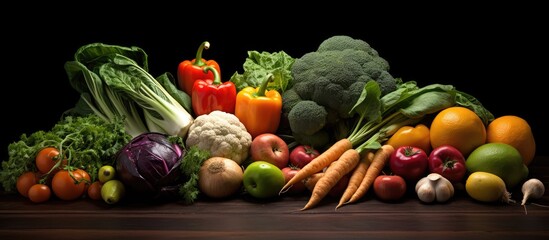 Poster - A close up copy space image of vegetables arranged on a dark background