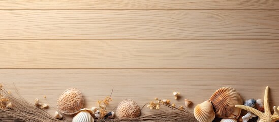 Leinwandbilder - Copy space image of a top view summer holiday background featuring a wooden surface adorned with a straw hat and seashells