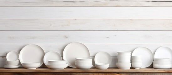 Aufkleber - Copy space image of white dishes set against a white wooden background