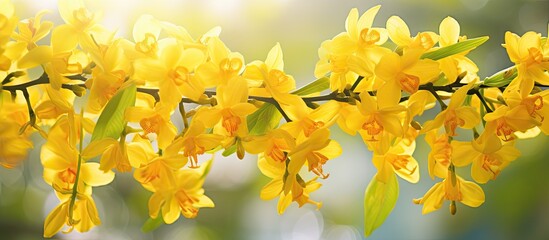 Poster - A branch of yellow oncidium orchids adorning the garden creating a vibrant backdrop of summer or spring nature with plenty of copy space