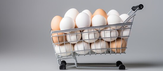 Wall Mural - A high quality photo showing fresh chicken white eggs placed in a shopping trolley against a gray background with ample copy space