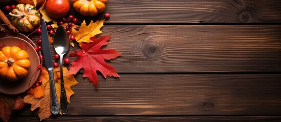 Wall Mural - A festive autumn table with cutlery and vibrant fall leaves perfect for Thanksgiving Copy space image 86 characters