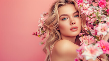a woman is surrounded by pink flowers and is wearing a pink dress. she has a beautiful smile and is 