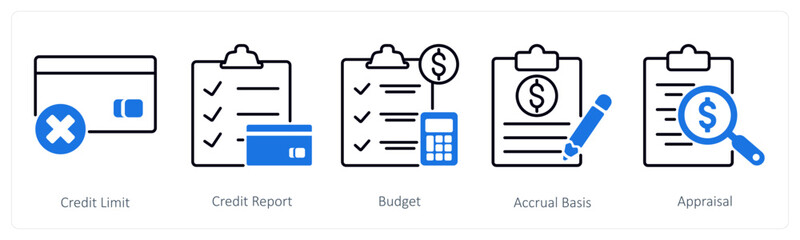 A set of 5 Banking icons as credit limit, credit report, budget