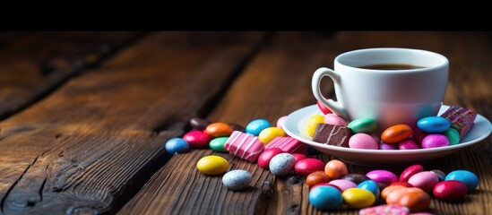 Aufkleber - A copy space image of colorful candies placed alongside a cup of coffee on a rustic wooden surface