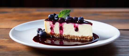 Poster - A blueberry cheesecake is displayed on a white dish placed on a wooden table creating a visually appealing copy space image