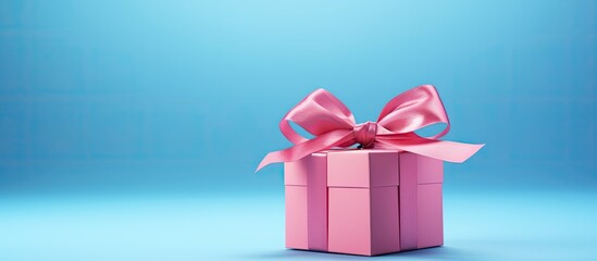 Wall Mural - A gift box with a pink satin ribbon is placed on a blue background creating a visually pleasing image that leaves room for text. Creative banner. Copyspace image