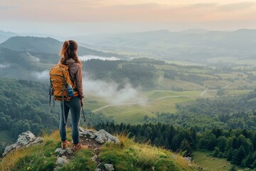 A woman on top of a lush green mountain gazing at a beautiful valley view shrouded in mist at sunrise, hiking travel.