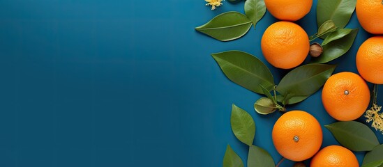 Canvas Print - In this blue backdrop a flat lay composition features luscious oranges vibrant leaves and ample space for including text