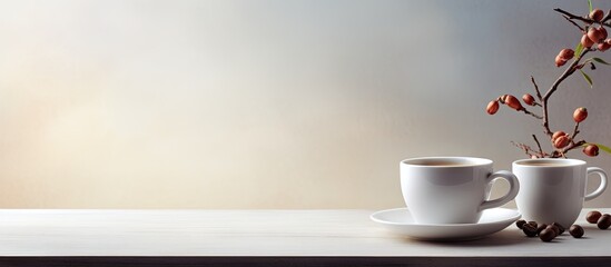 Wall Mural - a pack and cup of coffee are placed on a light table providing a delightful scene with ample copy sp