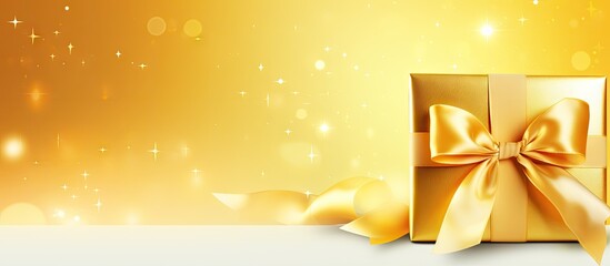 Wall Mural - Copy space image of a blank message on a shiny paper background with a gold ribbon bow yellow envelope and Christmas gift or card