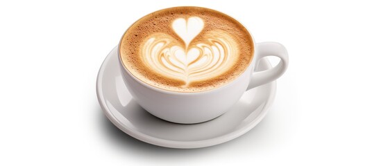 Wall Mural - Isolated on white there is a cappuccino with a heart shape The image includes copy space with a clipping path