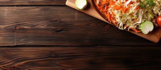 Wall Mural - the cutting board with chopped cabbage and carrot is placed on a brown wooden background it is seen 
