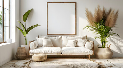 Wall Mural - Blank horizontal poster frame mock up in style living room interior, modern living room interior background, beige sofa and pampas grass