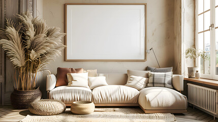 Wall Mural - Blank horizontal poster frame mock up in style living room interior, modern living room interior background, beige sofa and pampas grass