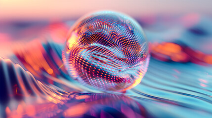 Glass sphere closeup on abstract surface in sunset pink light