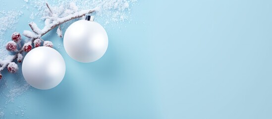 Leinwandbilder - Christmas composition with a snowy fir branch and white bauble on a pastel blue background The image is taken from above with room for text. with copy space image. Place for adding text or design