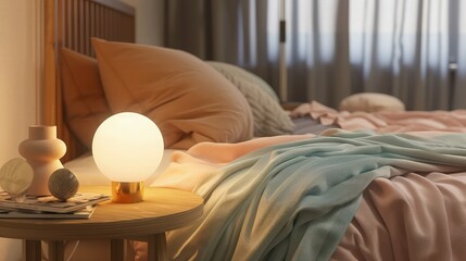 A contemporary bedroom with geometric wallpaper, a low-profile platform bed, and a modern bedside lamp with a yellow LED light strip providing a futuristic ambiance.