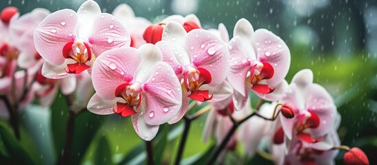Wall Mural - the front yard garden features stunning orchid flowers in white and red colors adorned with raindrop