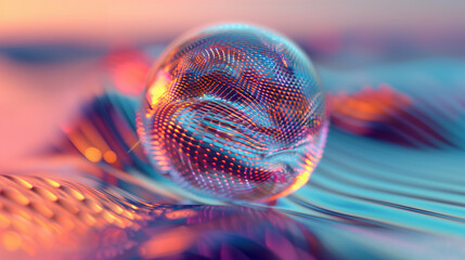 Glass sphere closeup on abstract surface in sunset pink light