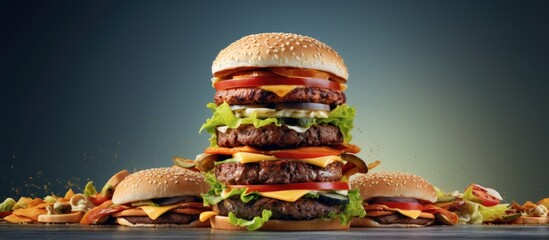 Wall Mural - gastronomy concept featuring ready to eat stacked burgers with copy space image