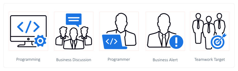 A set of 5 Seo icons as programming, business dicussion, programmer