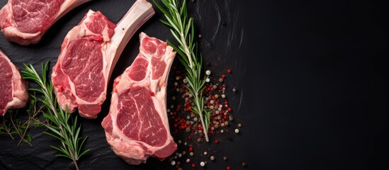 Wall Mural - freshly cut raw lamb chops sliced with a meat cleaver are showcased in a top down view against a bla