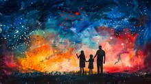 Crayon Art Of A Family Celebrating Independence Day With Fireworks