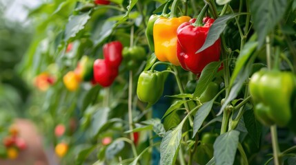 Wall Mural - Close up view of fresh red paprika fruit on tree stalk, in agricultural organic field.