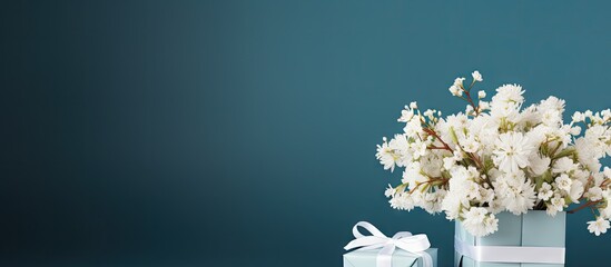 Wall Mural - A blue background sets the stage for a greeting card mockup featuring a gift and white flowers The copy space image is serene and inviting