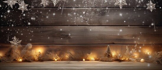 a festive christmas decoration with a rustic wooden background the scene provides ample copy space f