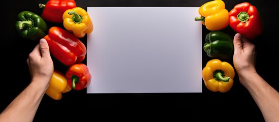 Wall Mural - a copy space image of fresh bell peppers and a blank paper sheet is seen on a grey surface with a to