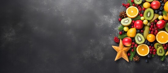 Wall Mural - Fruit Christmas tree on gray background representing New Year festivities Top view flat lay with ample space for text or images