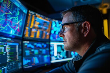 Wall Mural - A cybersecurity expert is seated in front of multiple computer monitors, analyzing data in a high-tech security operations center